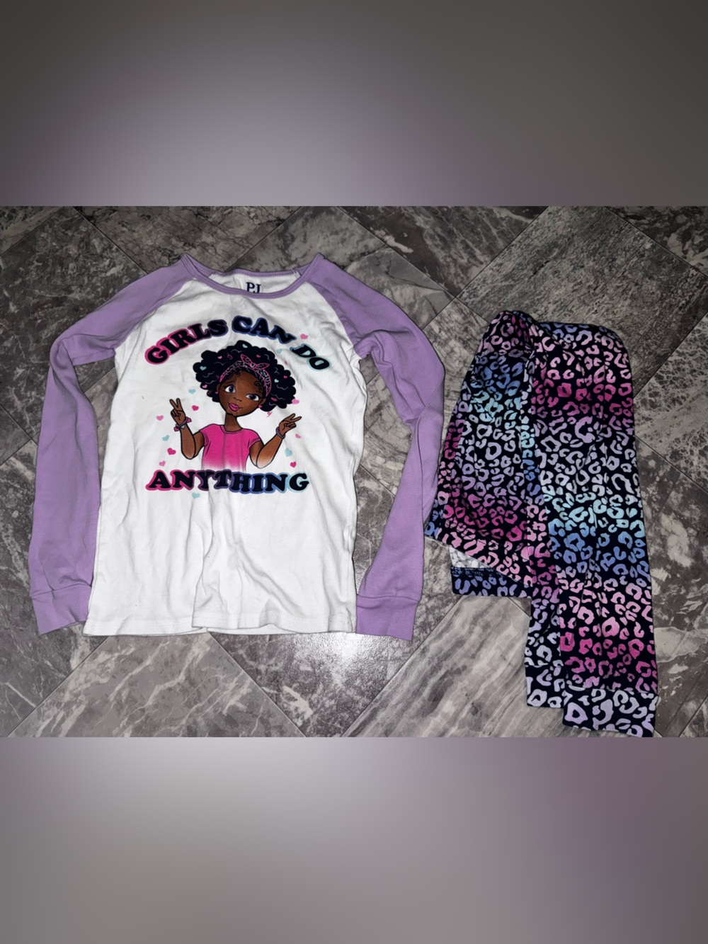 PJ Place Girls Can Do Anything Pajama Set Size 10 Purple Leopard Print